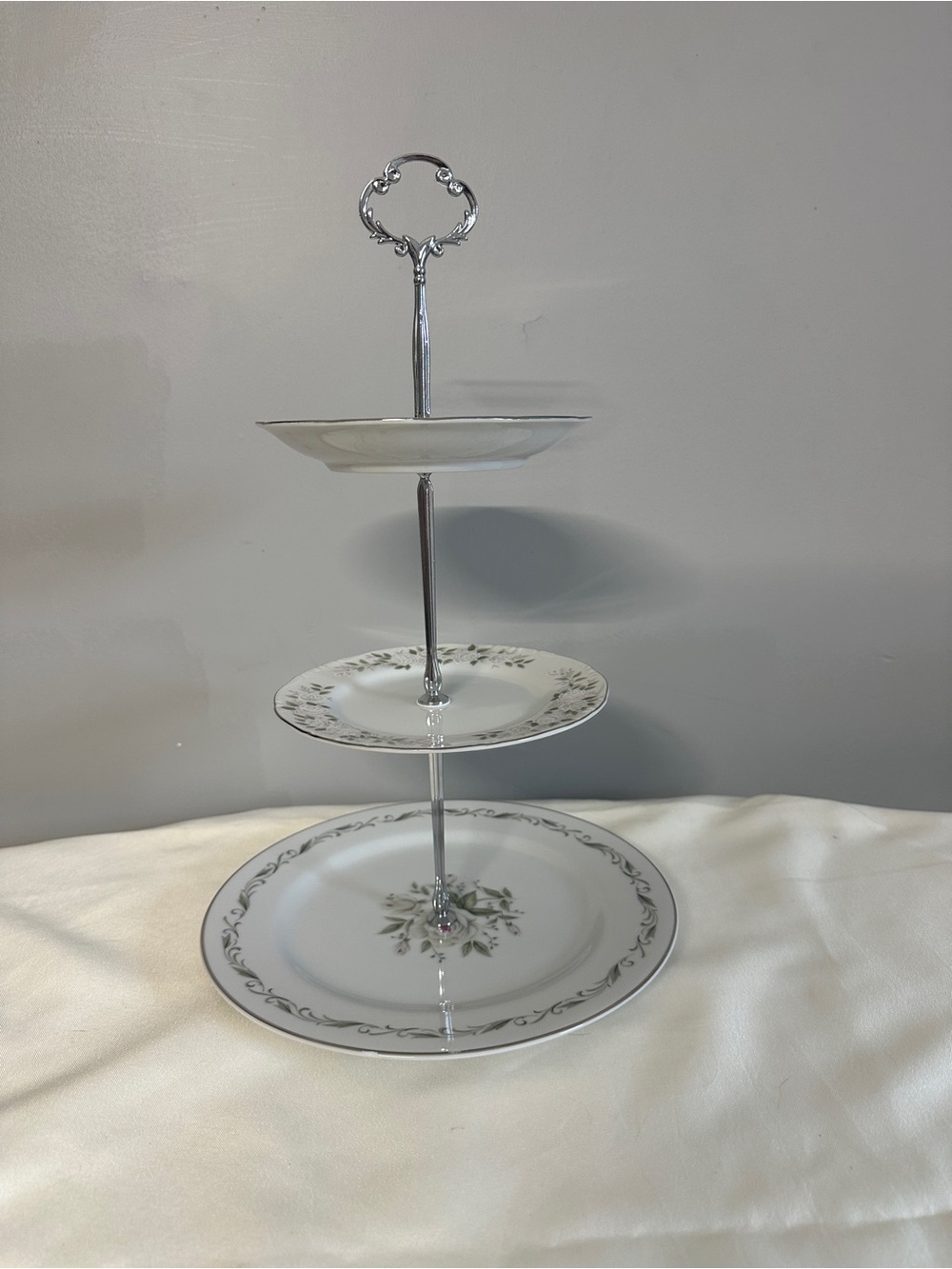 Three-Tier White and Silver Floral Porcelain Serving Stand